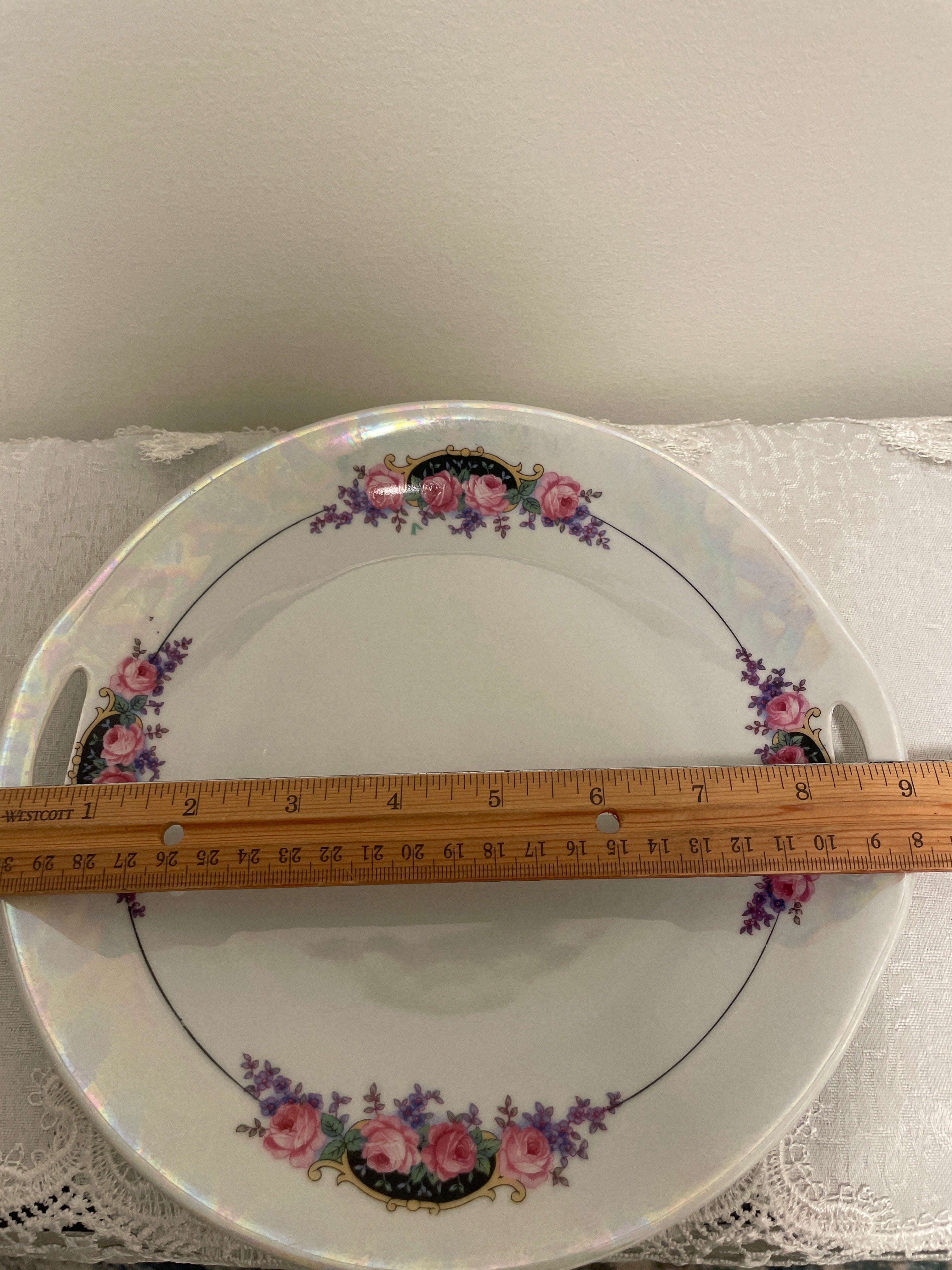 Vintage German Lusterware Handled serving platter pink roses iridescent