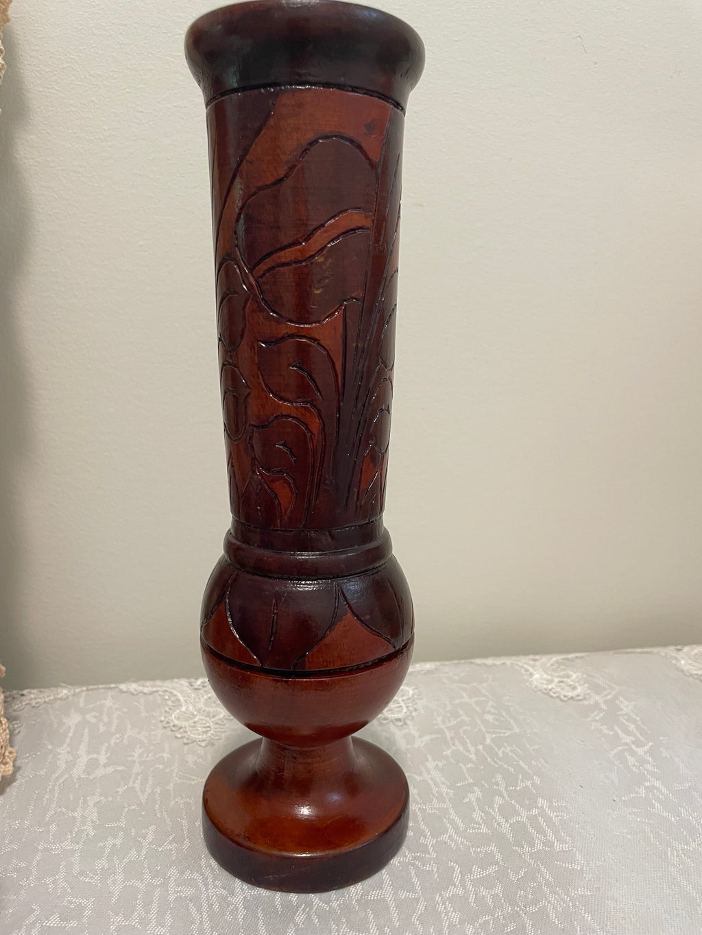Hand carved two-toned floral wood vase