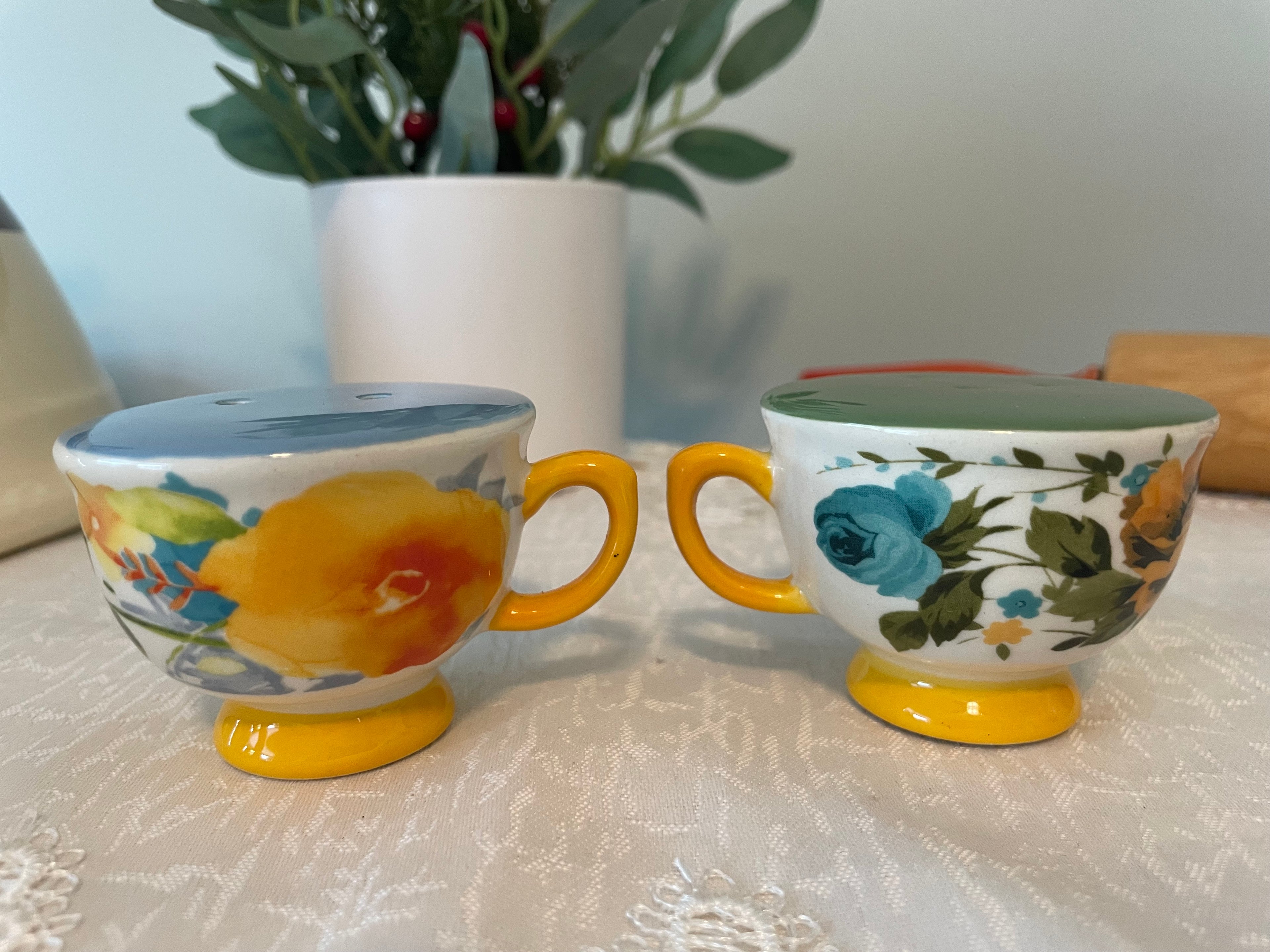 Pioneer Woman "Rose Shadow" teacup salt and pepper shakers