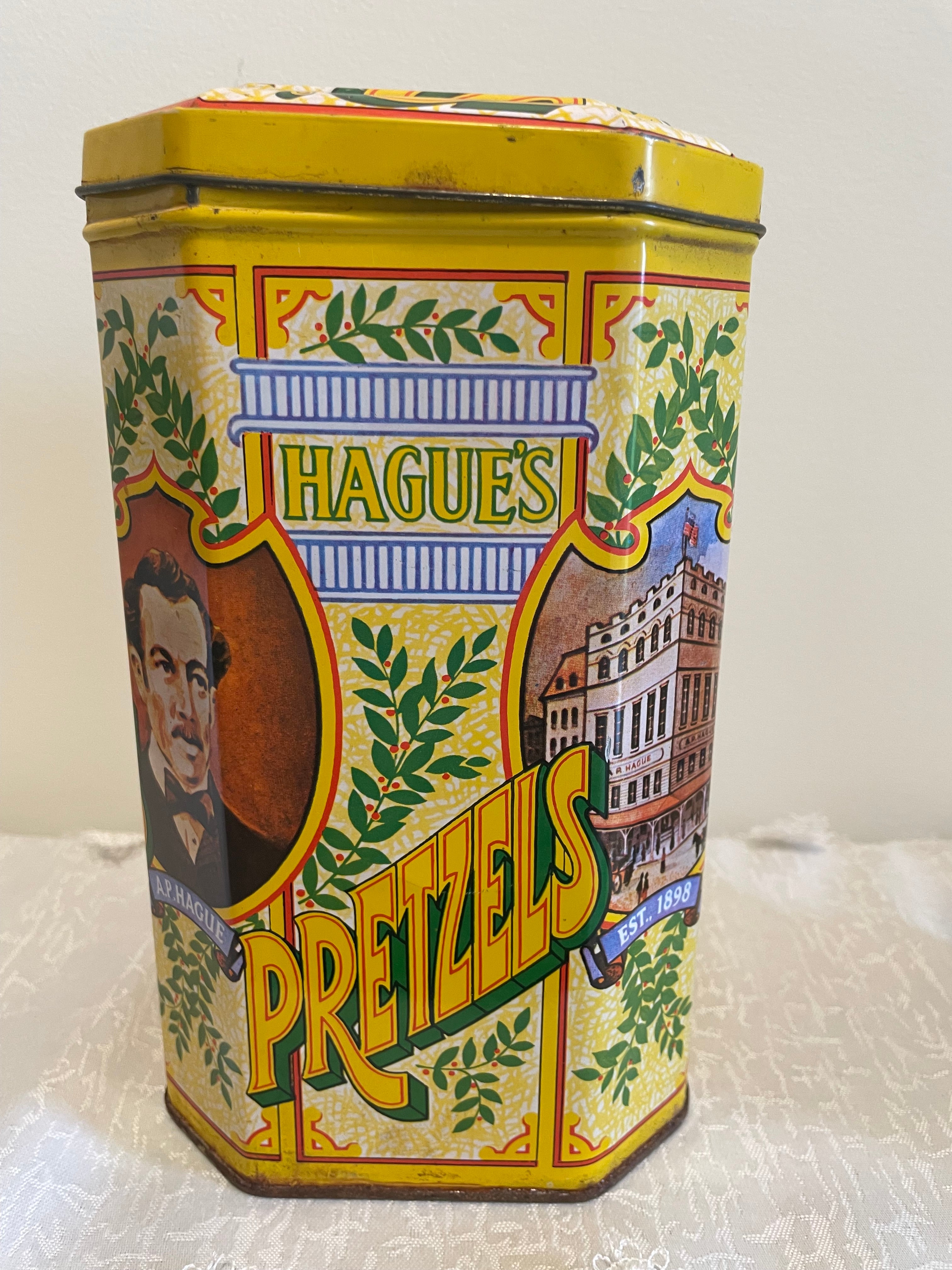 Hague’s Pretzels tin with great color