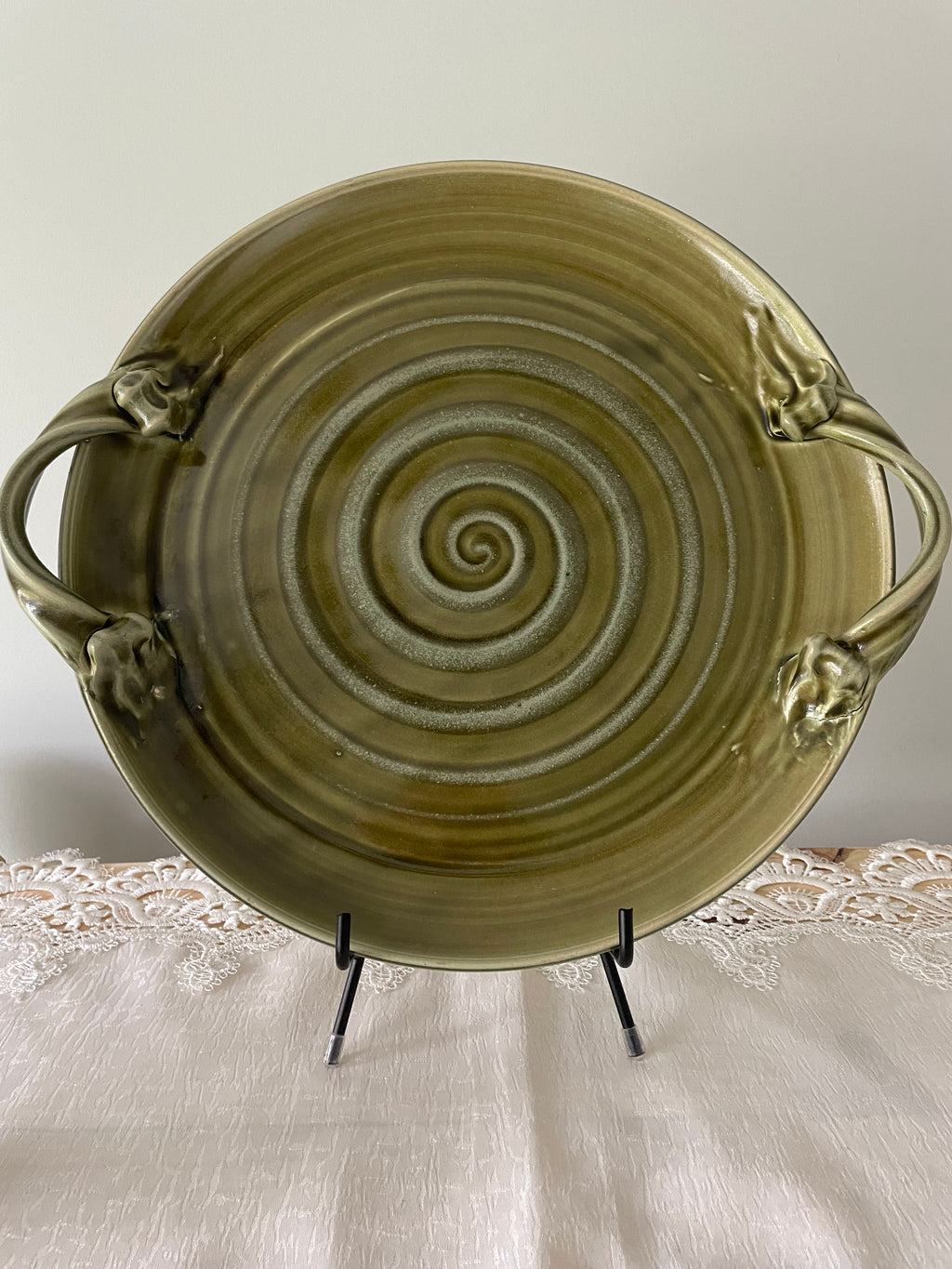 Olive green ceramic tray with sculpted handles