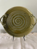 Olive green ceramic tray with sculpted handles