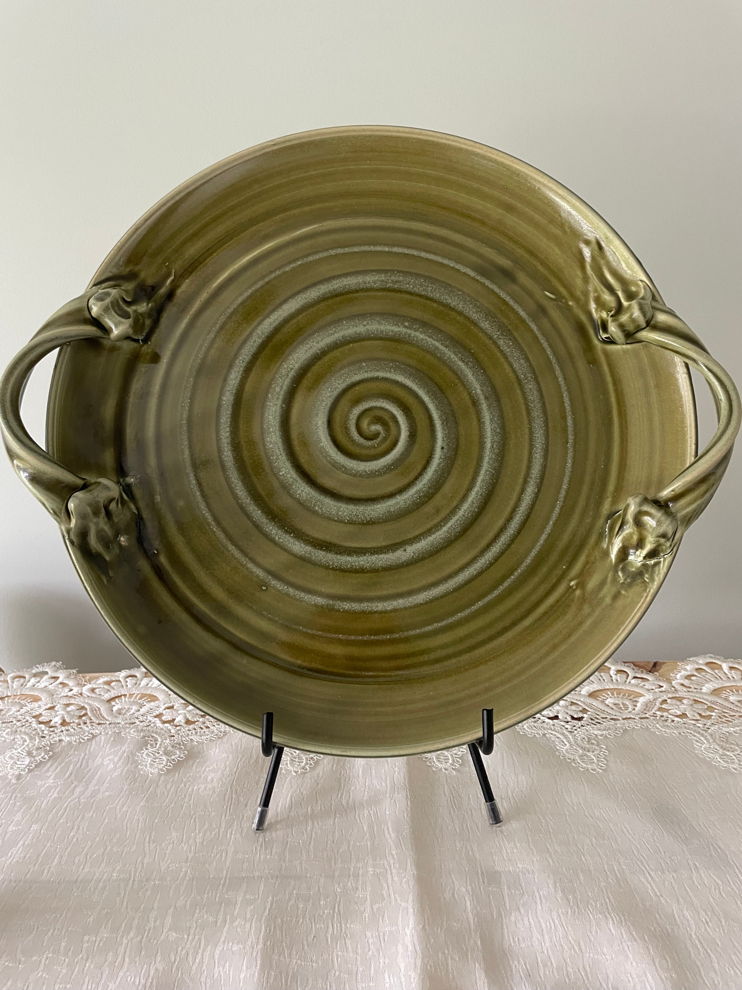 Olive green ceramic tray with sculpted handles