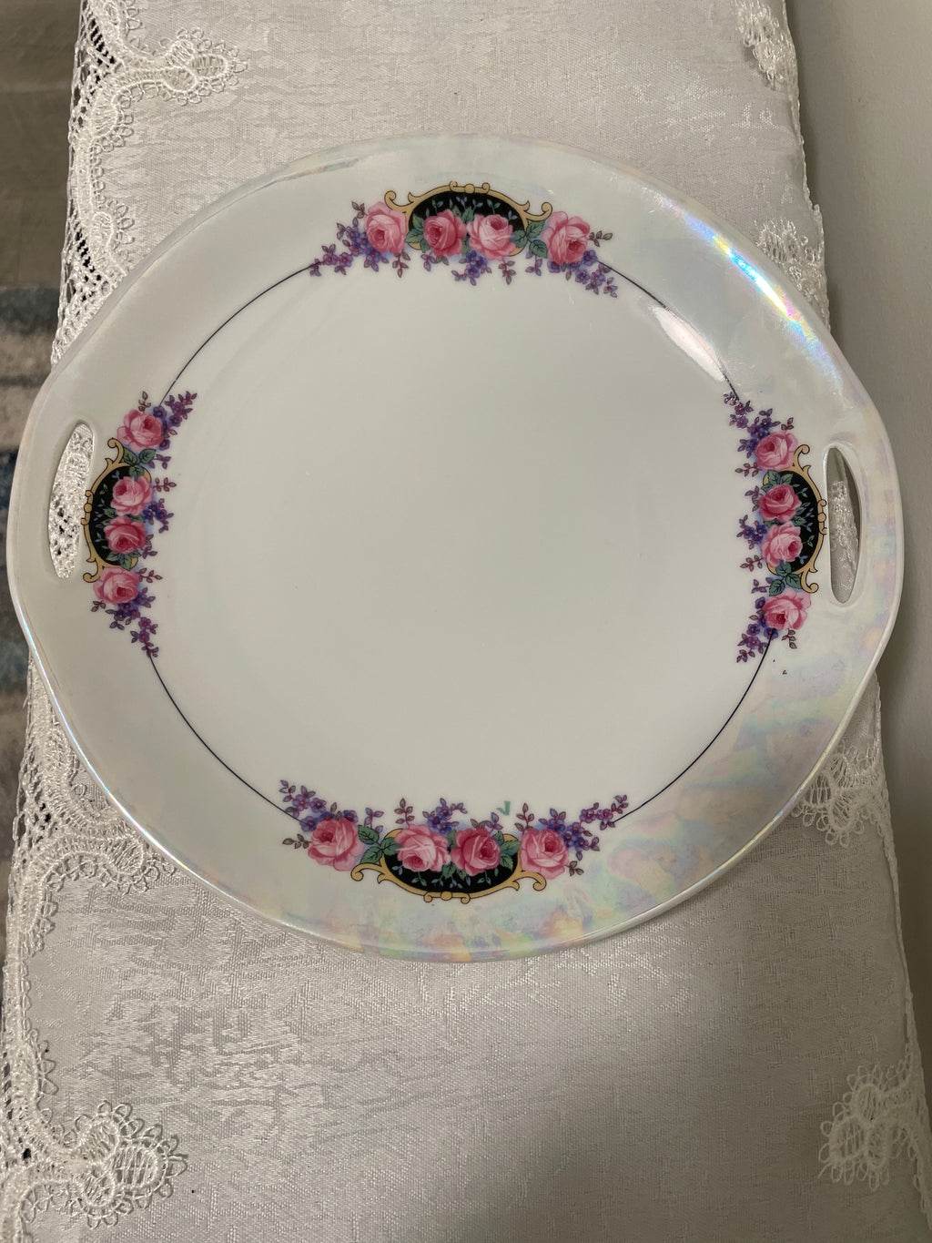Vintage German Lusterware Handled serving platter pink roses iridescent