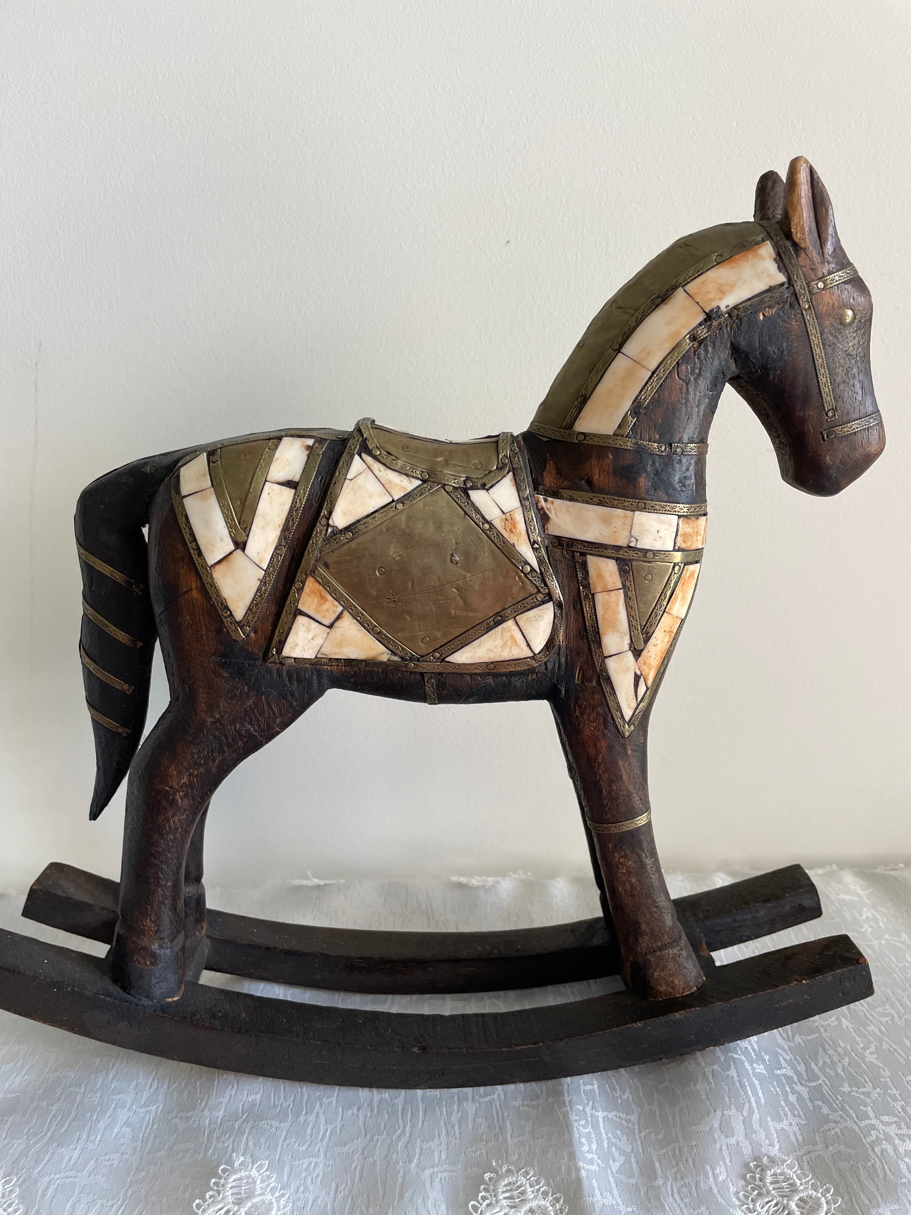 Vintage hand carved wood rocking horse