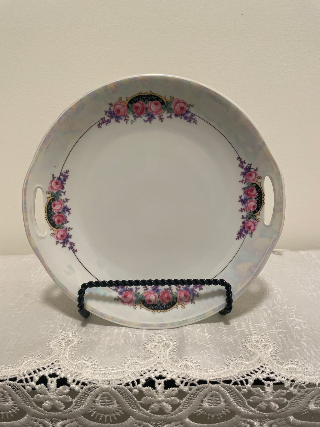 Vintage German Lusterware Handled serving platter pink roses iridescent