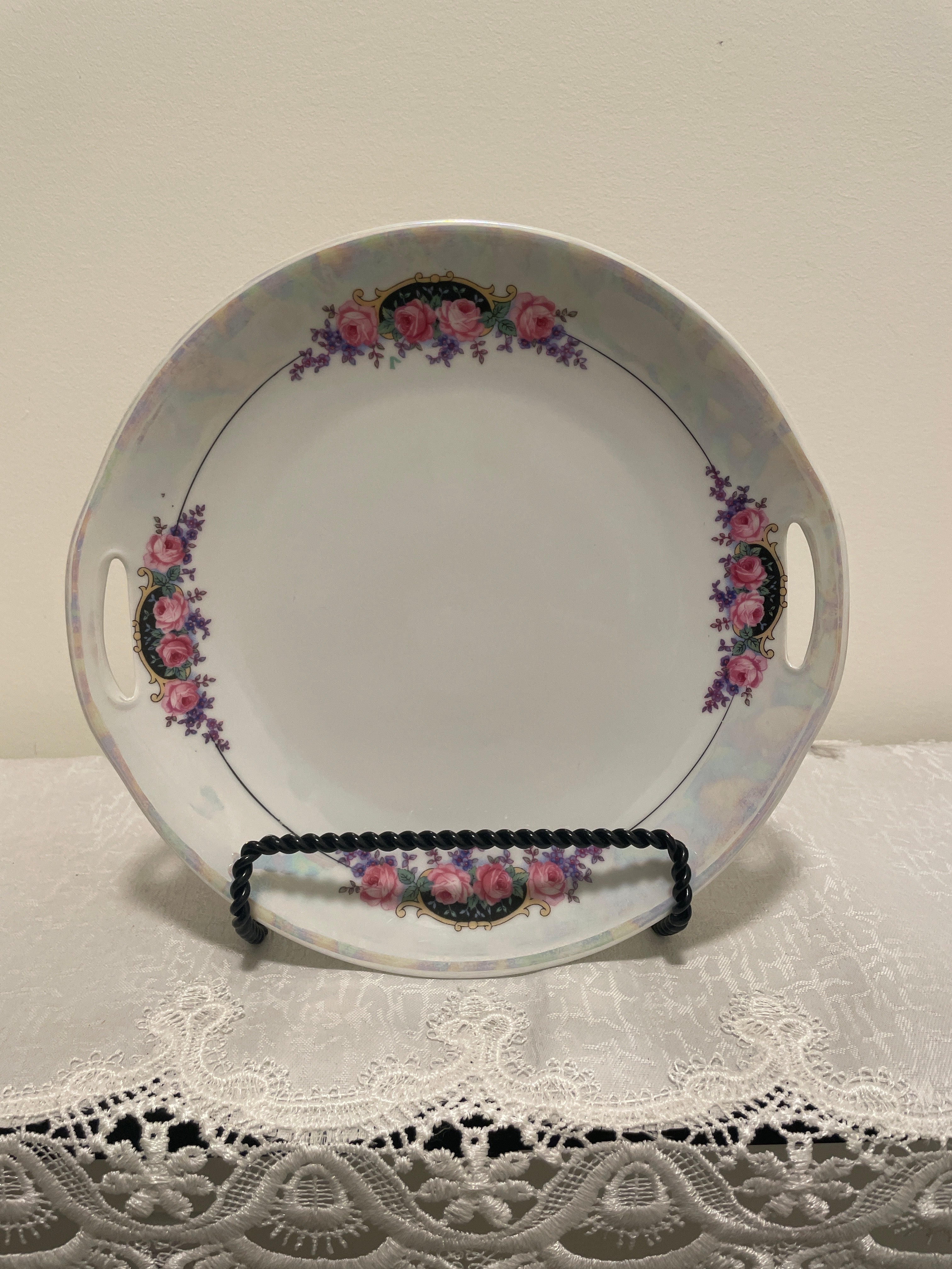 Vintage German Lusterware Handled serving platter pink roses iridescent