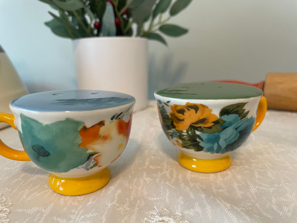 Pioneer Woman "Rose Shadow" teacup salt and pepper shakers