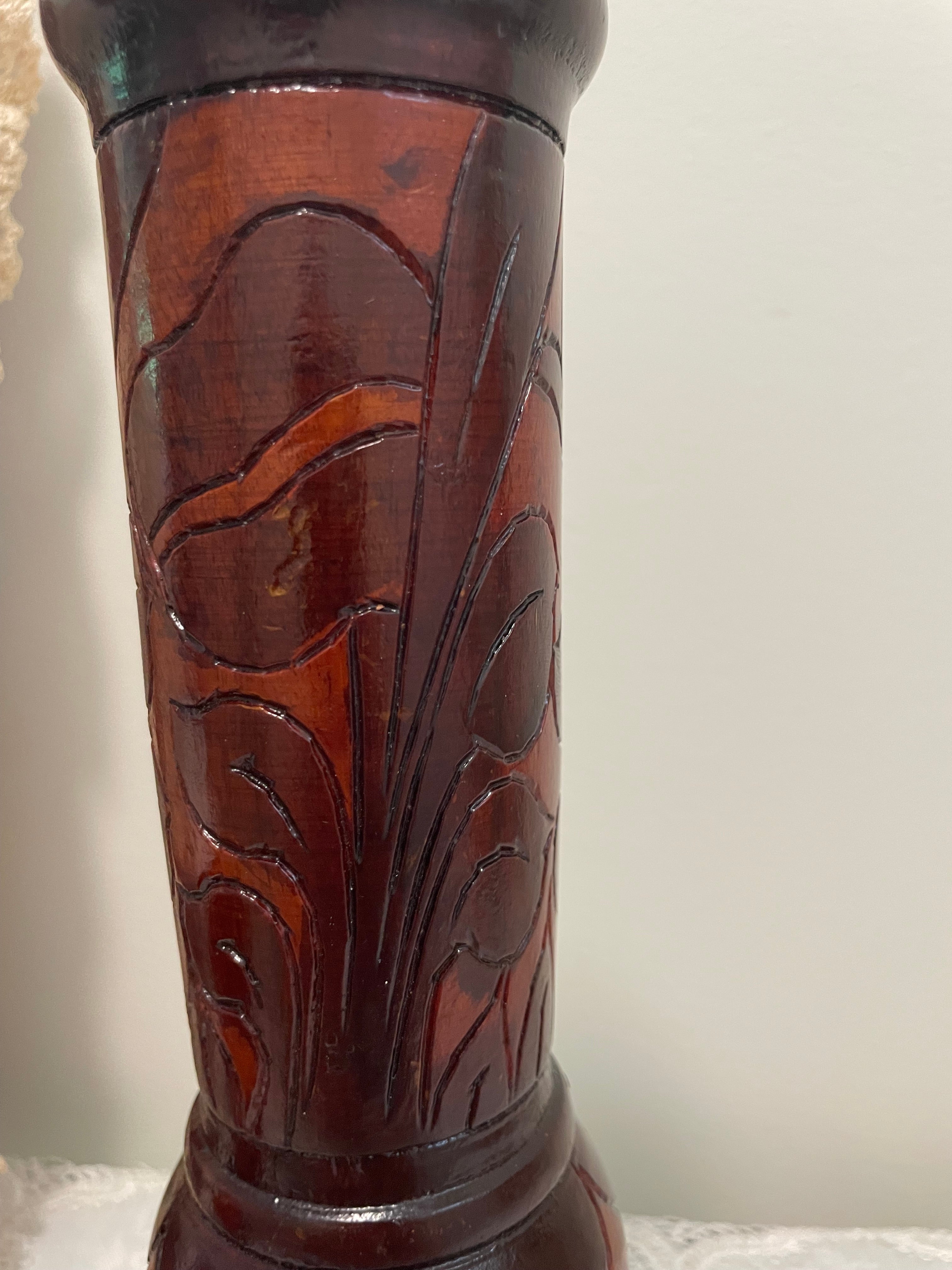 Hand carved two-toned floral wood vase