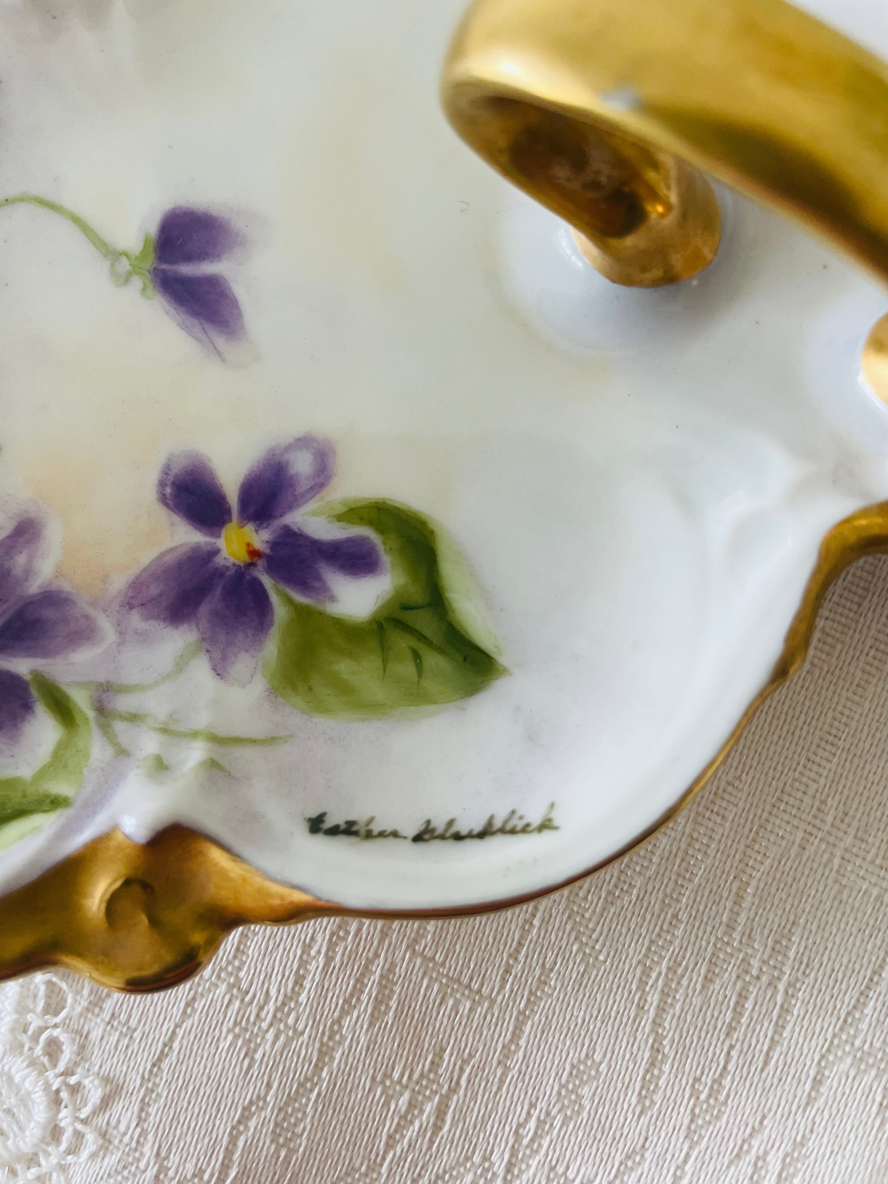 Vintage hand painted violet dish signed Esther Gluklick￼