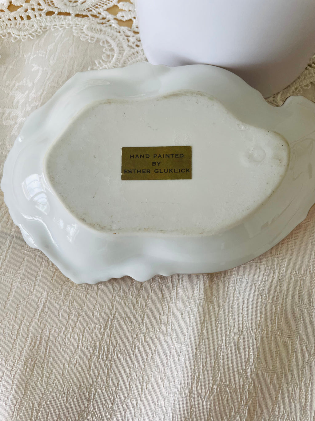 Vintage hand painted violet dish signed Esther Gluklick￼