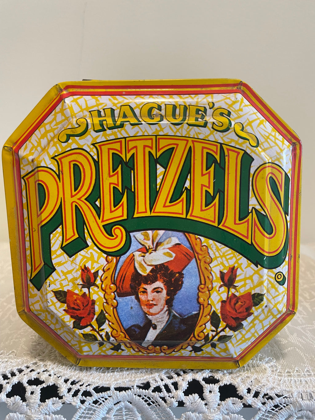 Hague’s Pretzels tin with great color