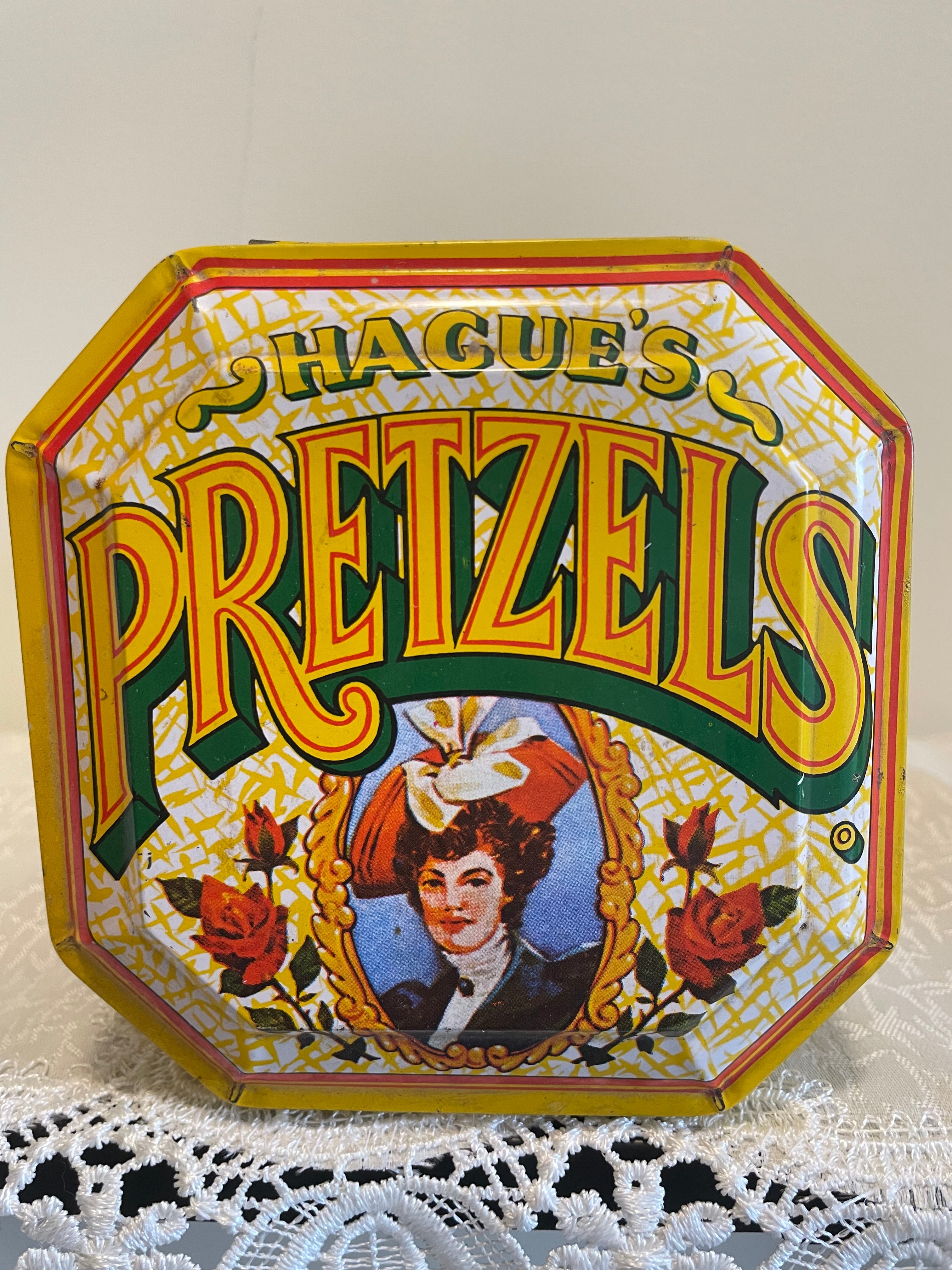 Hague’s Pretzels tin with great color