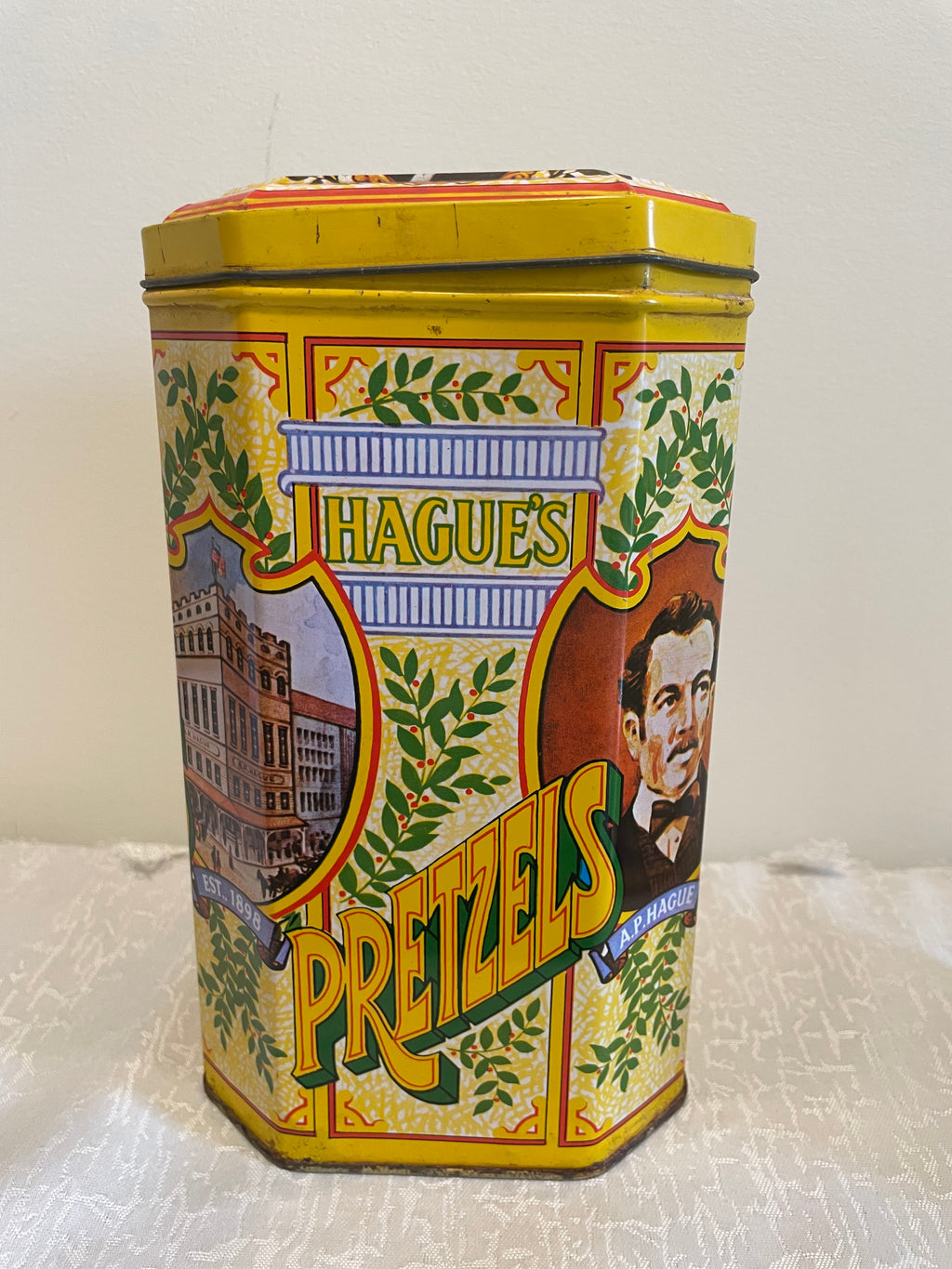 Hague’s Pretzels tin with great color