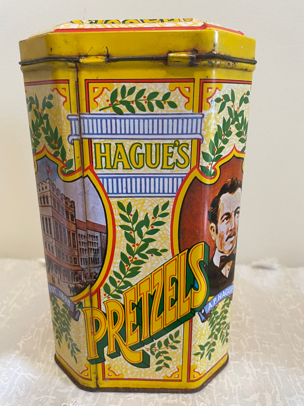 Hague’s Pretzels tin with great color