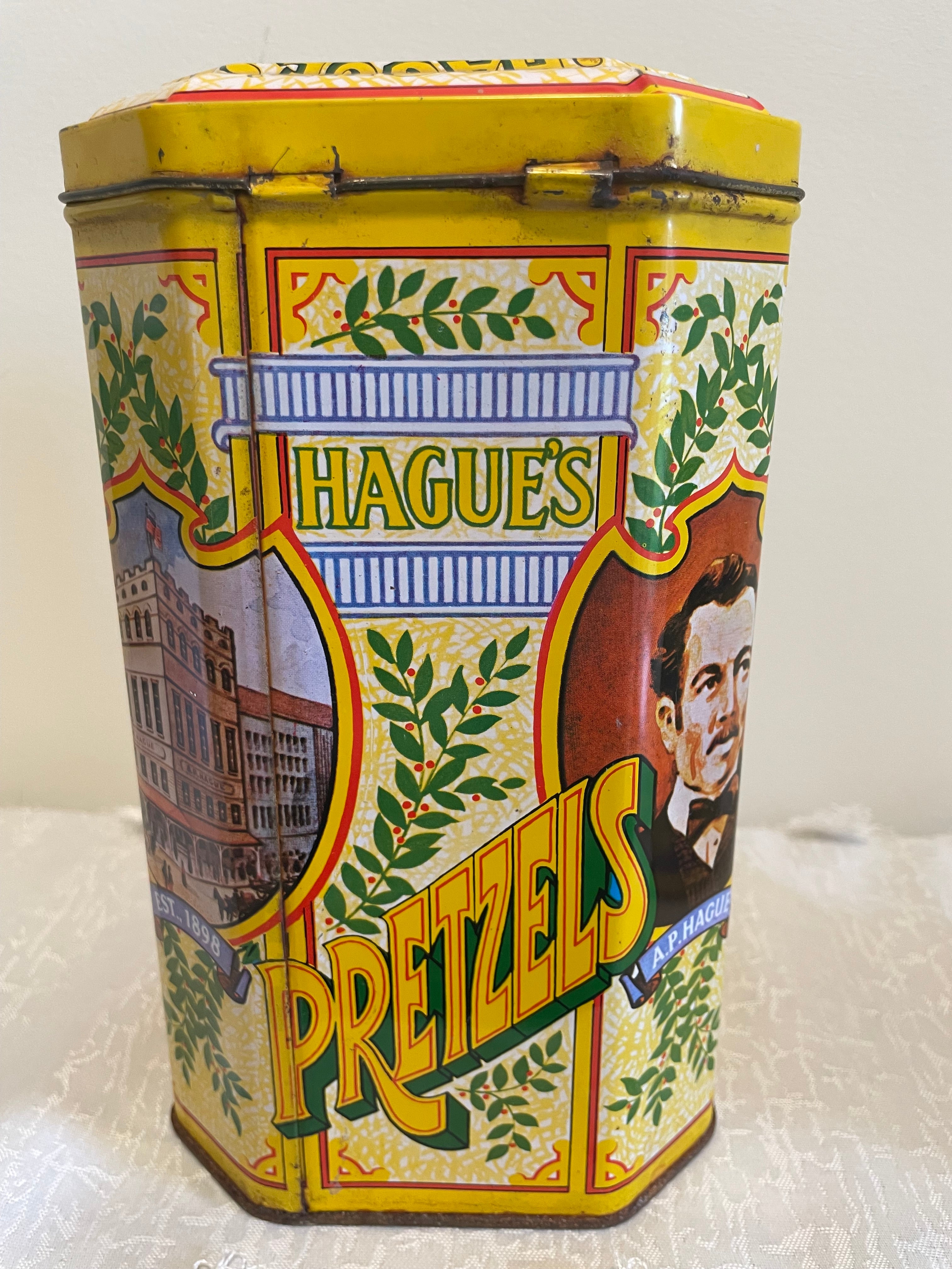 Hague’s Pretzels tin with great color