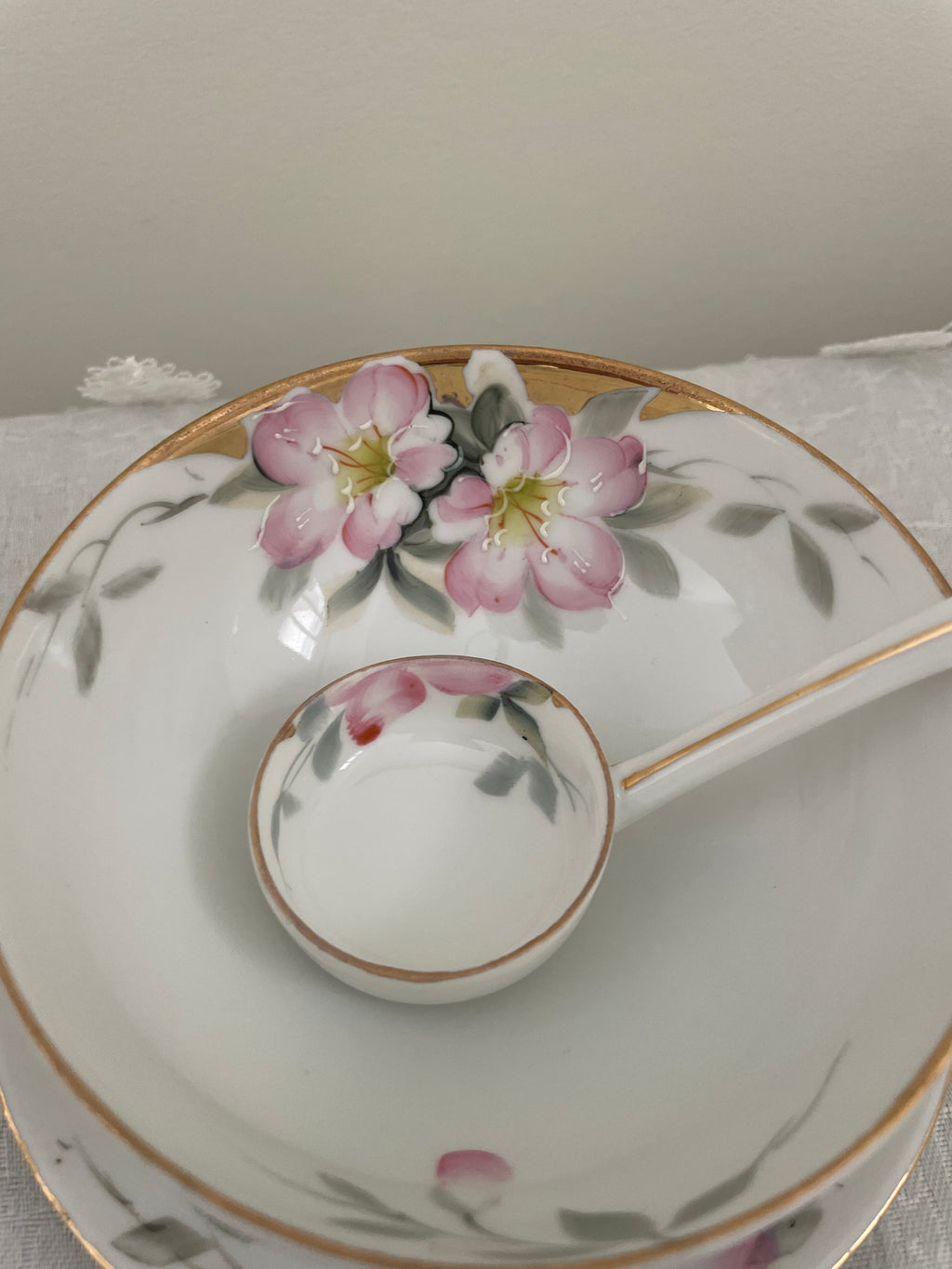 Vintage Noritake Azalea pattern mayo bowl with matching ladle and under plate