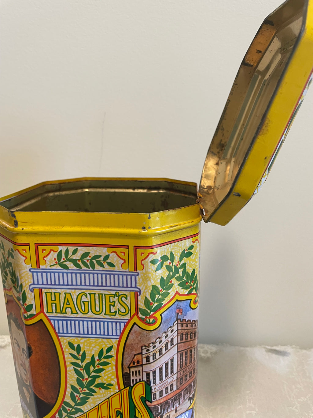 Hague’s Pretzels tin with great color