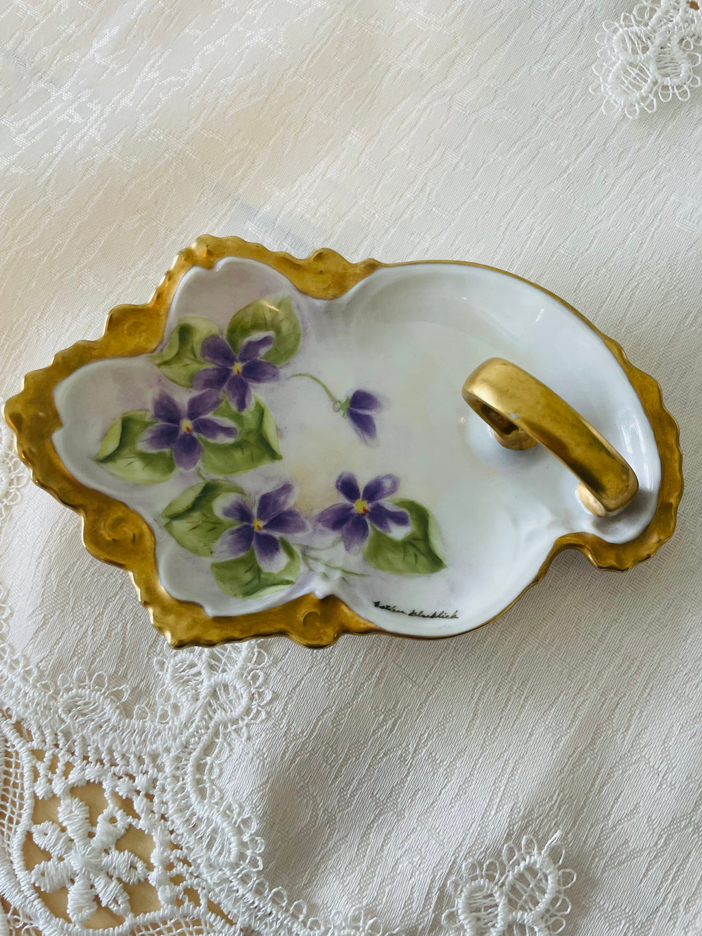 Vintage hand painted violet dish signed Esther Gluklick￼