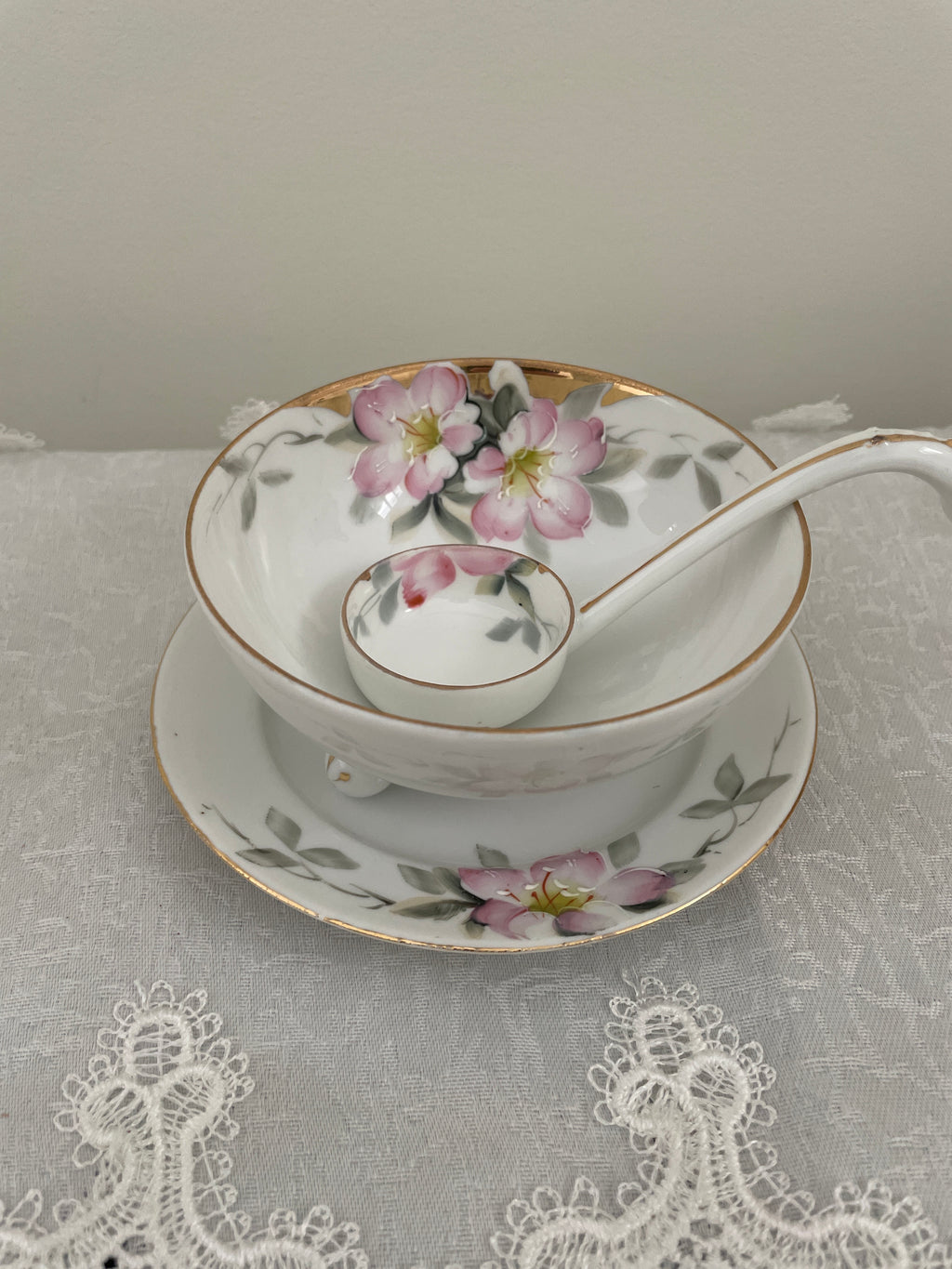 Vintage Noritake Azalea pattern mayo bowl with matching ladle and under plate