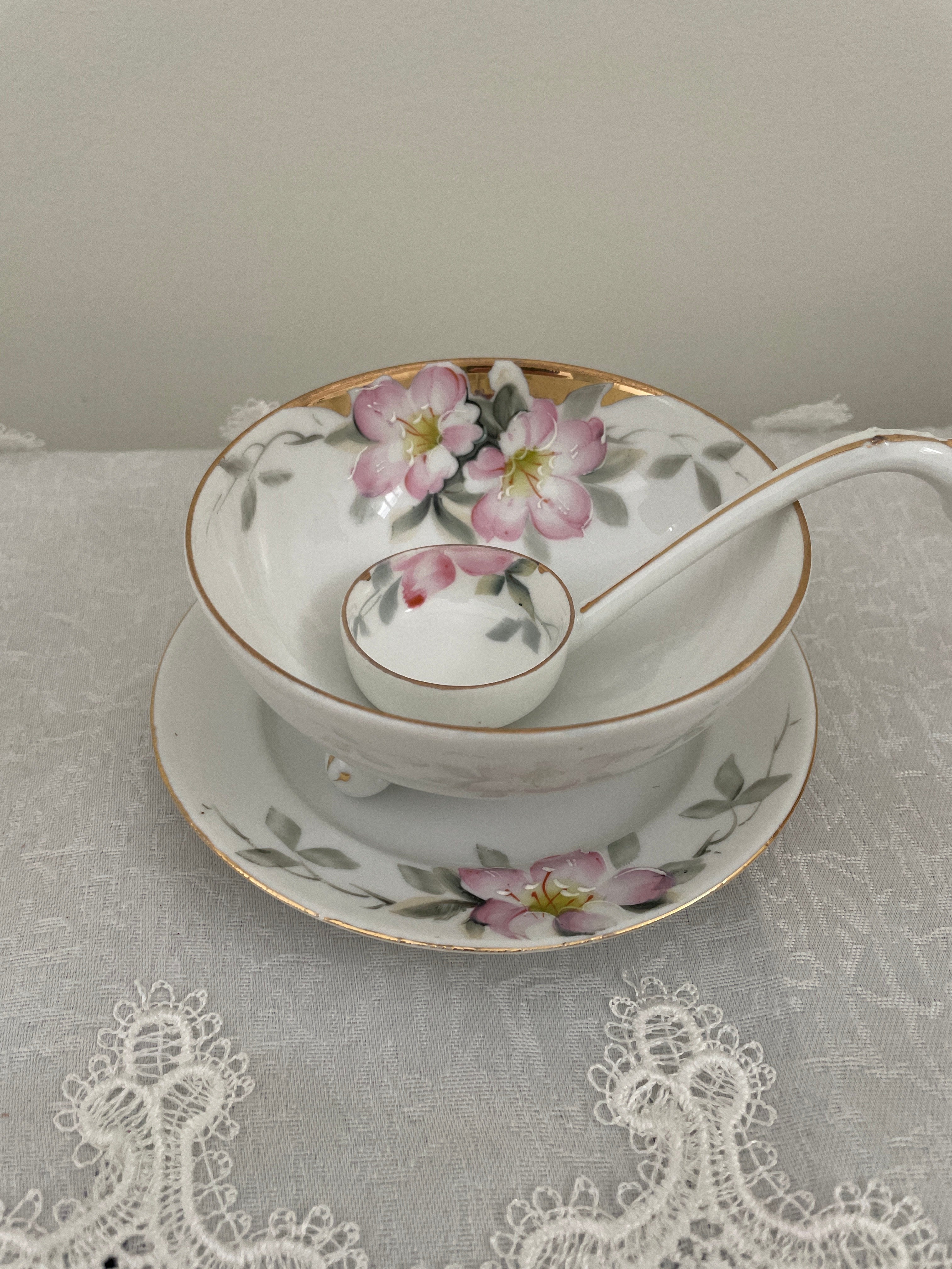 Vintage Noritake Azalea pattern mayo bowl with matching ladle and under plate