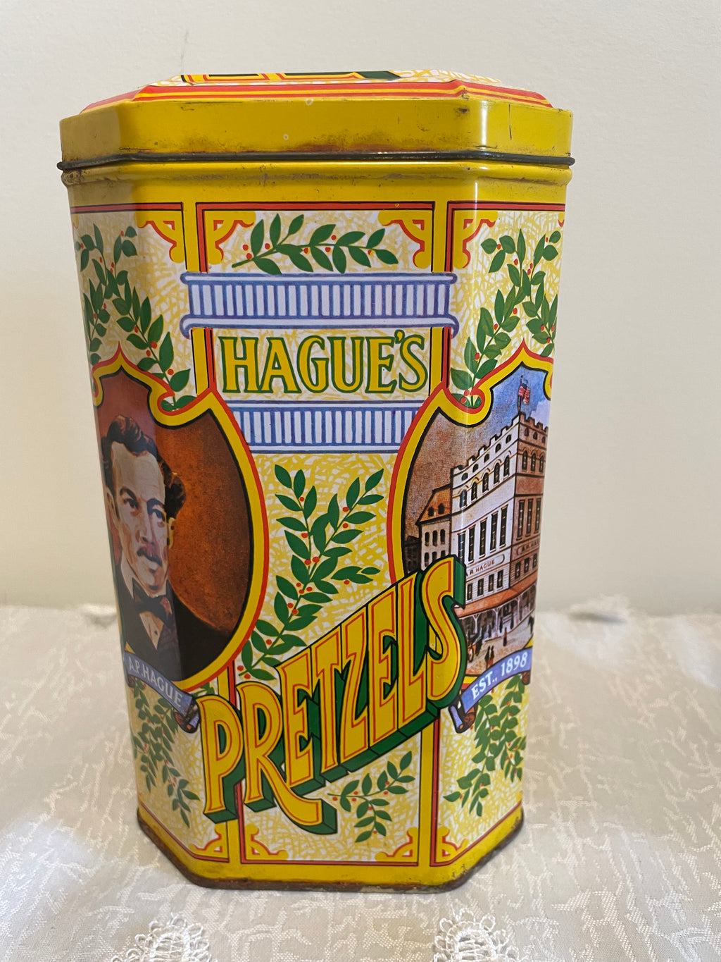 Hague’s Pretzels tin with great color